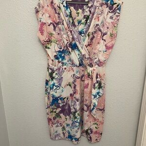 Peter Nygard Pink and Blue Sheath Mini Faux Wap Dress With Cap Sleeves